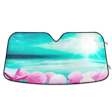Imagem de Conchas cor-de-rosa personalizadas Sandy Beach Sun shade para para-brisa de carro dobrável universal caminhão protetor solar para para-brisa dianteiro de carro S, 134,6 cm x 59,7 cm