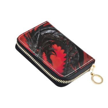 Imagem de Carteira feminina com zíper e bloqueio de RFID, carteira de couro para viagem com zíper preto dragão preto vermelho