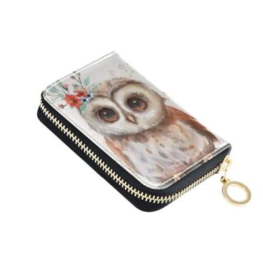 Imagem de Carteira de couro com bloqueio de RFID para mulheres, carteira masculina pequena com bolso para moedas, aquarela fofa coruja floral