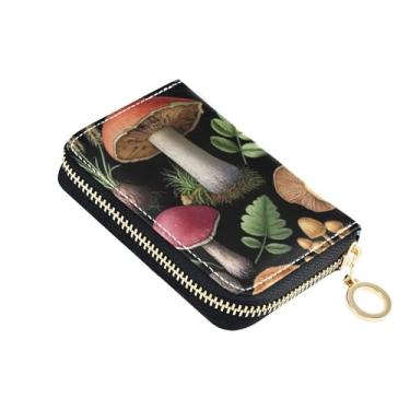 Imagem de Carteira de cartão de crédito com bloqueio de RFID, linda carteira feminina de couro, pequena com zíper, porta-moedas com chaveiro, desenho animado de cogumelos, preta