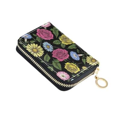 Imagem de Carteira feminina de rosas vintage com zíper e porta-cartão de crédito com bloqueio de RFID e porta-moedas com chaveiro