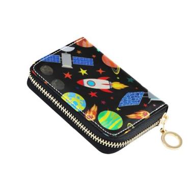 Imagem de GAIGEO Carteiras femininas de couro com bloqueio de RFID com zíper em volta de zíper com chaveiro, foguetes fofos de desenho animado preto