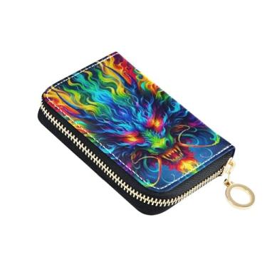 Imagem de Carteira feminina de couro com bloqueio de RFID, carteira pequena para moedas com zíper, arte colorida de dragão de fogo