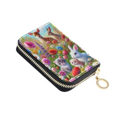 Imagem de Carteira feminina com bloqueio de RFID, carteira de couro pequena com zíper, porta-chaves, coelho, cervo, flores, colorida
