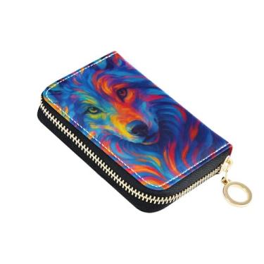 Imagem de Carteira feminina com pintura colorida de lobo, protetor de cartão de crédito, bloqueio de RFID, carteira decorativa para moedas com zíper