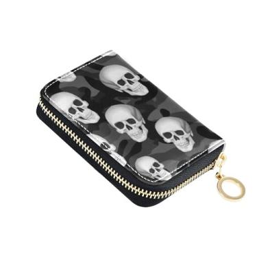 Imagem de Carteira feminina com zíper e 9 compartimentos para cartões de crédito e 2 compartimentos para dinheiro, carteira de couro com zíper com bolso para moedas, cinza escuro, caveiras camufladas