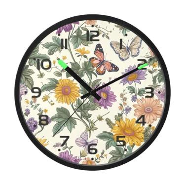 Imagem de SEHANY Herb Wildflower Relógio de parede silencioso sem tique-taque relógio redondo operado por bateria 30 cm controle de som luz noturna relógios de parede para sala de estar, cozinha, quarto