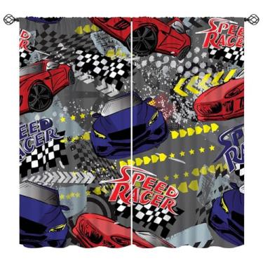 Imagem de Djaby Cortinas blackout de carro de corrida infantil, estampa de carro esportivo vermelho e azul para quarto de meninos, berçário, quarto de bebê, sala de jogos 106,7 cm L x 114,3 cm C (sem apagão)