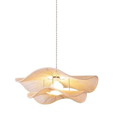Imagem de Luminária pendente de rattan trançado com cúpula dupla de corda de papel, lustre de teto em formato de flor trançada à mão, luminária rústica para sala de jantar, bar ou café.