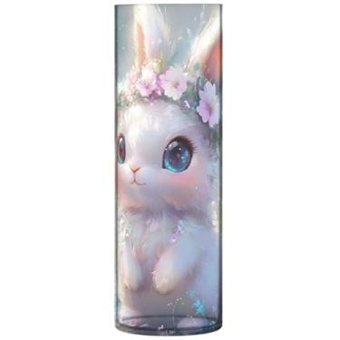 Imagem de Coelhinho floral fofo animal bonito vaso alto cilindro de plástico vaso de flores decorativo decoração de sala de impressão estética, 30 cm x 9,9 cm
