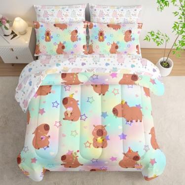 Imagem de AILONEN Jogo de edredom com estampa kawaii de capivara, solteiro, lençol de cima e 2 fronhas, 2 fronhas, tamanho solteiro, lençol com elástico e 2 fronhas, 2 fronhas