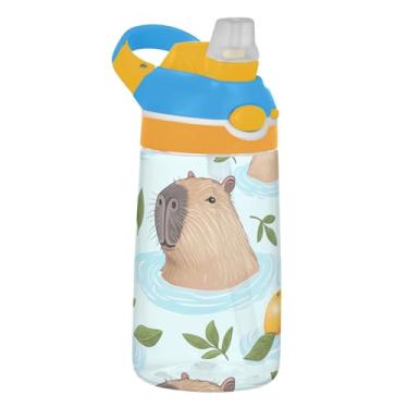 Imagem de Garrafa de água infantil de 473 ml com tampa de palha, garrafa de água esportiva portátil para escola, reutilizável, copos de viagem Tritan de 473 ml para crianças, alça de transporte, capivaras fofas