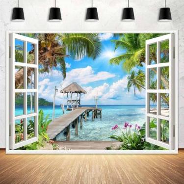 Imagem de Pano de fundo de praia Havaí, oceano, tropical, palmeira, decoração, fundo, verão, azul, mar, ilha, luau, festa, aniversário, chá de bebê, bolo de casamento, banner, estúdio, 19 x 1,5 m