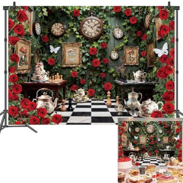 Imagem de Pano de fundo do País das Maravilhas Tea Party Photo Background Folhas Verdes Tabuleiro de Xadrez Meninas Crianças Decorações de Festa de Aniversário Banner Adereços (20 x 1,8 m (238,8 x 177,8 cm)