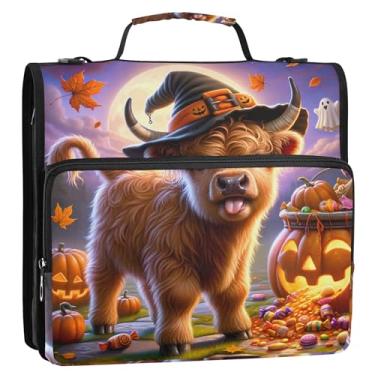 Imagem de Fichários fofos de 3,8 cm com 3 anéis, fofa, vaca Highland, Dia das Bruxas, abóbora, com zíper, vários bolsos, pasta de portfólio grande, bolsa escolar com alça de ombro