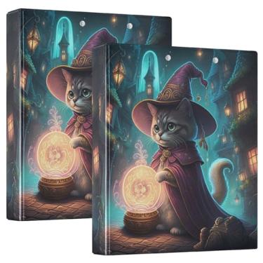Imagem de Cute Cat Wizard Night Gleamy fichários de 3,8 cm com 3 argolas, 200 folhas, anel redondo, fichário resistente, 31,5 x 27 x 6 cm, pacote com 2
