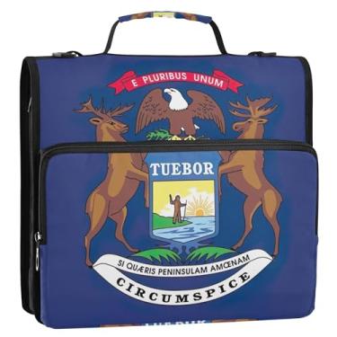 Imagem de Fichários de 3 cm com 3 anéis resistentes da bandeira do estado de Michigan com zíper e alça para armazenamento de impressão escolar pasta de portfólio com alça