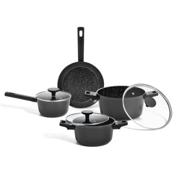 Imagem de Oikos - Jogo de Panelas Antiaderente Cerâmico 4 Peças para Fogão por Indução, a Gás, Elétrico e Vitrocerâmico Cor Preta Mou Chia