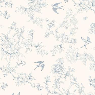 Imagem de HueBurst Papel de parede de 43,9 cm x 203,2 cm, pássaros brancos e azuis, papel de parede floral, vintage, papel de parede removível, boêmio, autoadesivo, para quarto, banheiro, vinil