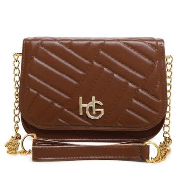 Imagem de Bolsa Transversal Feminina Preta, Alça de Corrente Dourada, Design Matelassê, Detalhe em Metal HG (castanho)