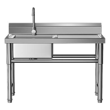 Imagem de Pia de tigela única grande, de aço inoxidável independente, conjunto de pia de cozinha de restaurante comercial, pia industrial, com torneira, drenagem, pia externa (120 cm/47 pol, )