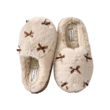 Imagem de Uewidiod Pantufas femininas fofas de pelúcia para casa com nó de borboleta de algodão confortável com fundo grosso para uso ao ar livre para o inverno, Cor do cartão de leite, 5-6 Women/4.5-5 Men