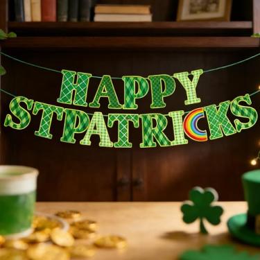 Imagem de Banner Happy Patricks com arco-íris - Cartolina grossa Dia de São Patrício Decoração Banner para porta, parede, festa irlandesa, decoração de casa e festival