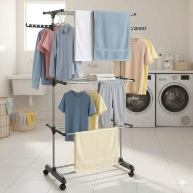 Imagem de Varal de Chão Regulável Dobrável com 3 Andares e Rodízios – Capacidade Ampliada para Roupas e Toalhas