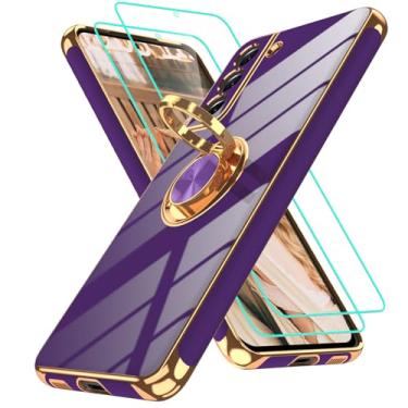 Imagem de Gritup Capa para Samsung Galaxy S21 FE | 2 peças protetoras de tela | Suporte magnético de rotação de 360°, capa protetora à prova de choque de TPU macio com borda dourada banhada a ouro para S21 FE