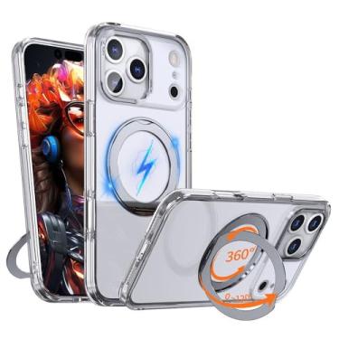 Imagem de Capa de celular de luxo com suporte dobrável e anel magnético giratório para iPhone 17 Air 16 15 14 13 12 11 Pro Max, com protetor de lente e capa de acrílico transparente (para iPhone 15 Pro/Transp