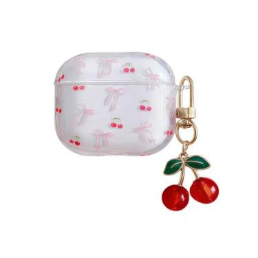 Imagem de Rertnocnf Capa compatível com AirPods 4 2024, capa com estampa de laço de cereja fofa, capa de proteção à prova de choque com chaveiro de cereja