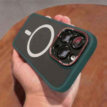 Imagem de HJZSZX Capa magnética luxuosa com proteção contra impactos fosca e lente completa para iPhone 15 (verde escuro)