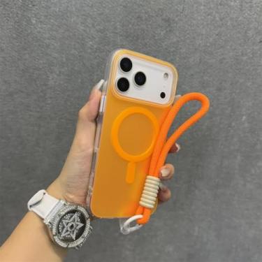 Imagem de SFDSUH Capa com cordão Aurora Gradient para iPhone 16 Pro, alça de pulso magnética, capa colorida a laser (para iPhone 16 Pro/Laranja)