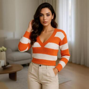 Imagem de Blusa Feminina de Tricot Listrada Gola V Manga Longa Elegante - Vitrin