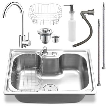 Imagem de LarSofia Kit Pia Cuba para Cozinha em Aço Inoxidável SUS304, 60x42cm, 16 Gauge 3mm, com Torneira de Controle Duplo Quente e Frio