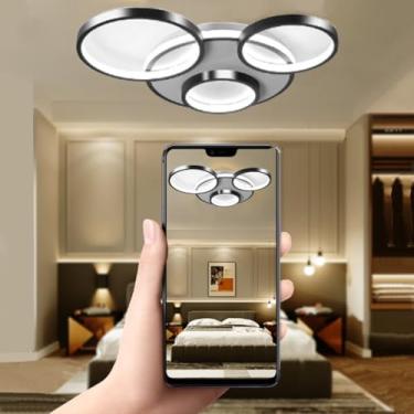 Imagem de Luminária de teto LED, moderna e criativa, com controle remoto e intensidade de luz ajustável, formato circular, para sala de estar, temperatura de cor de 3200-6500K, preta, ideal para quart