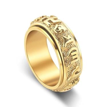 Imagem de FATACI Anel masculino budista tibetano da sorte, aço inoxidável, Om Mani Padme, zumbido, ansiedade, spinner, alívio de estresse, oração religiosa, joia sagrada, tamanho 8-12, Sem pedra preciosa