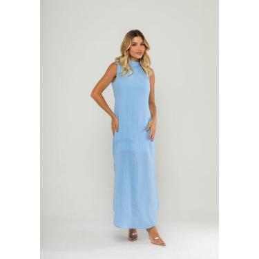 Imagem de Vestido Longo Gola Alta E Fenda Lateral Azul Salvatore, GG
