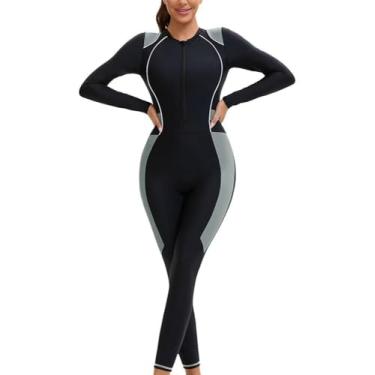 Imagem de HISETPFDE Maiô feminino de manga comprida Rash Guard, parte de baixo, FPS 50+, roupa de banho de surfe, cinza