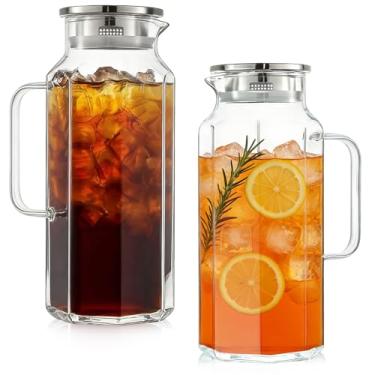 Imagem de Rechano Jarra de água de vidro octógono de 2 litros com tampa e bico, jarra de água com alça para geladeira, jarra de vidro borossilicato para bebida quente/fria, jarro extra grande para chá gelado