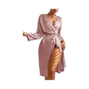 Imagem de Roupão de cetim feminino com cinto elegante cor sólida e sedoso e conf