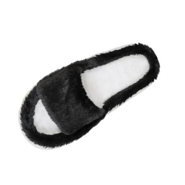 Imagem de Pantufas de pelúcia para uso interno e externo, confortável, forradas com veludo, bico aberto, sapatos casuais para uso doméstico para o inverno, Preto, 36