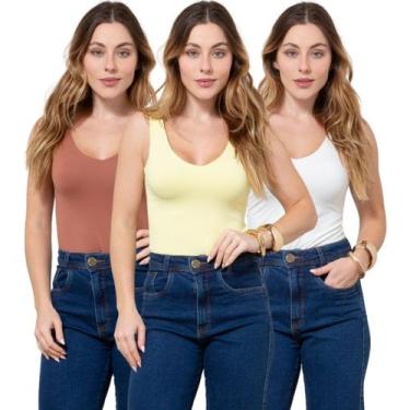 Imagem de Kit 3 Regatas Feminina Decote V em Poliamida - Maranne, Kit34, P