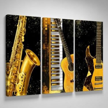 Imagem de OuElegent Arte de parede de música vintage, impressão em tela de instrumentos musicais dourados, decoração de guitarra de saxofone de piano, fundo preto 40,6 cm x 81 cm x 7,6 cm (dourado)