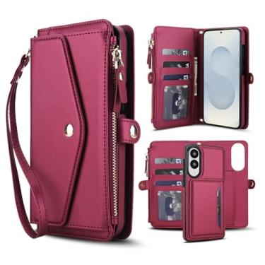 Imagem de Capa carteira para Samsung Galaxy S25 Edge, capa flip magnética destacável com compartimentos para cartões, bloqueio RFID, suporte e alça de pulso, capa protetora para celular (magenta)