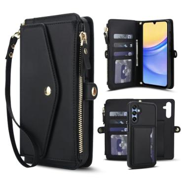 Imagem de Capa carteira para Samsung Galaxy A36 5G, capa flip magnética destacável com compartimentos para cartões, bloqueio RFID, suporte e alça de pulso, capa protetora para celular (preto)