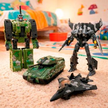 Imagem de Brinquedo Boneco Robô Transforma Em Veiculo Militar Kit 2pçs