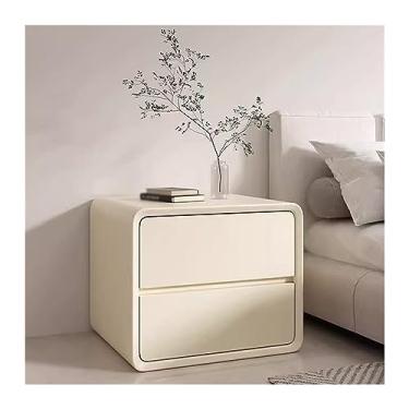 Imagem de Mesa de cabeceira de madeira com duas gavetas sem alças de couro de microfibra, mesa de cabeceira branca/cinza/curry/laranja, móveis de cabeceira, grande espaço de armazenamento (creme, médio)