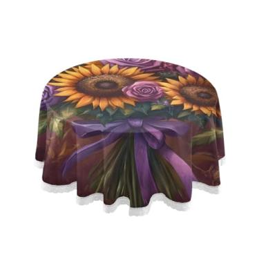 Imagem de Qilmy Toalha de mesa redonda de palmeira de treliça verde, 152 cm, resistente à água, à prova de derramamento, capa de mesa grande para jantar de reunião de família em ambientes internos e externos