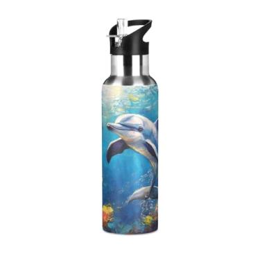 Imagem de Wassud Garrafa de água fofa golfinho garrafa de água esportiva de aço inoxidável com canudo garrafas de água isoladas copo portátil de viagem 947 ml